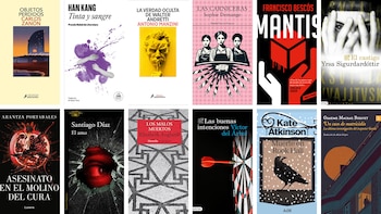 Una cuadrícula con doce portadas de libros de novela negra, mostrando variedad de diseños, ilustraciones y tipografías en diferentes colores