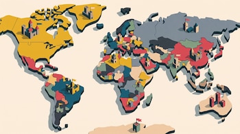 Mapa mundial en perspectiva isométrica formado por piezas de rompecabezas de colores, con pequeñas torres, castillos y banderas.