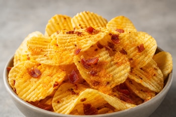 Papas fritas onduladas de color dorado cubiertas con trozos de tocino y condimento anaranjado dentro de un tazón gris.
