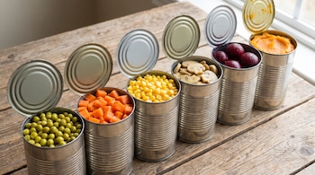 Seis latas abiertas en fila sobre una mesa de madera contienen arvejas, zanahorias picadas, maíz, champiñones, remolachas y puré de calabaza.