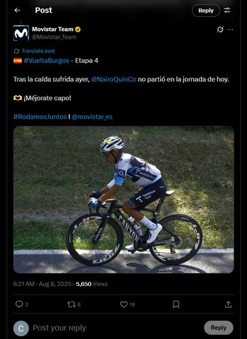 El boyacense no pudo continuar en la carrera por su fuerte caída durante la etapa 3 de la Vuelta a Burgos - crédito @Movistar_Team / X