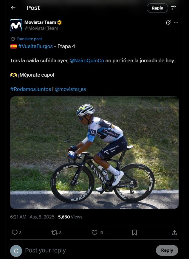 El boyacense no pudo continuar en la carrera por su fuerte caída durante la etapa 3 de la Vuelta a Burgos - crédito @Movistar_Team / X