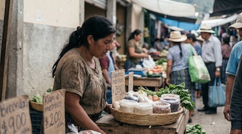 Mujer con cabello oscuro y blusa marrón revisa una canasta con arroz, frijoles y huevos en un puesto de mercado guatemalteco. Carteles de precios son visibles.