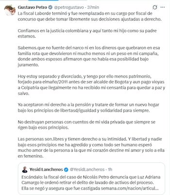 El expresidente afirmó que confía en que la justicia colombiana dé claridad sobre el proceso legal - crédito @petrogustaco/X