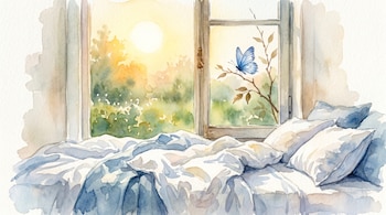Acuarela de una habitación luminosa con una cama vacía de sábanas blancas y azules. La luz del sol entra por la ventana y una mariposa azul se posa en una rama.