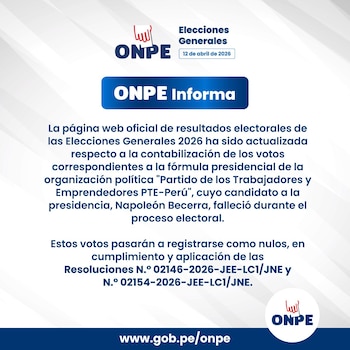Captura de pantalla de un comunicado oficial de la ONPE en tonos azules y blancos, anunciando la actualización de resultados electorales de 2026