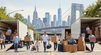 Personas cargando cajas y maletas junto a camiones de mudanza, con el horizonte de rascacielos de Nueva York y un puente al fondo bajo un cielo azul claro.