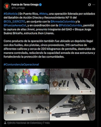 Las tropas destruyeron de forma controlada 220 kilogramos de pentolita que, según las autoridades, representaban un riesgo para la población civil y la Fuerza Pública - crédito @ftc_omega/X