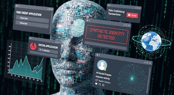 Cabeza robótica de circuitos con huella dactilar luminosa. Ventanas digitales flotantes alertan "Identidad Sintética Detectada", fraude, aplicaciones falsas y muestran un globo.