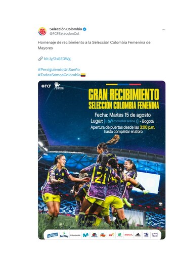 A la Selección Colombia Femenina la recibirán con un sentido homenaje en el Movistar Arena el martes 15 de agosto. (Captura de pantalla)