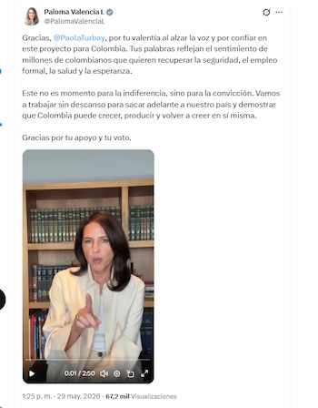 La candidata Paloma Valencia agradeció a Paola Turbay por su apoyo - crédito @PalomaValenciaL/X