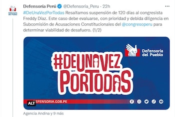 Defensoría del pueblo advierte falta de avances en el proceso legal que enfrenta el congresista Freddy Díaz.