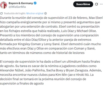 Este es el reporte que hizo i Mia San Mia sobre cómo presumió Eberl a Luis Díaz - crédito @iMiaSanMia/X