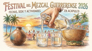 Ilustración a lápiz de una mano sirviendo mezcal. Al fondo, bailarines folclóricos, palmeras, un atardecer en la playa y puestos de mercado en Acapulco.