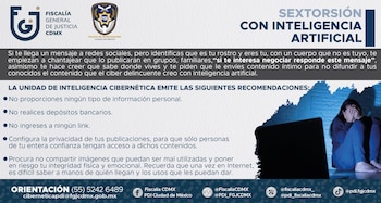 Infografía de la Fiscalía de la Ciudad de México con recomendaciones sobre sextorsión y la figura de una mujer sentada junto a una computadora