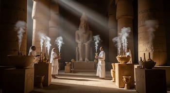 Interior de un templo con cuatro hombres de túnicas blancas. Estatua de piedra sentada. Columnas con relieves. Humo de quemadores, vasijas y botellas sobre altares.