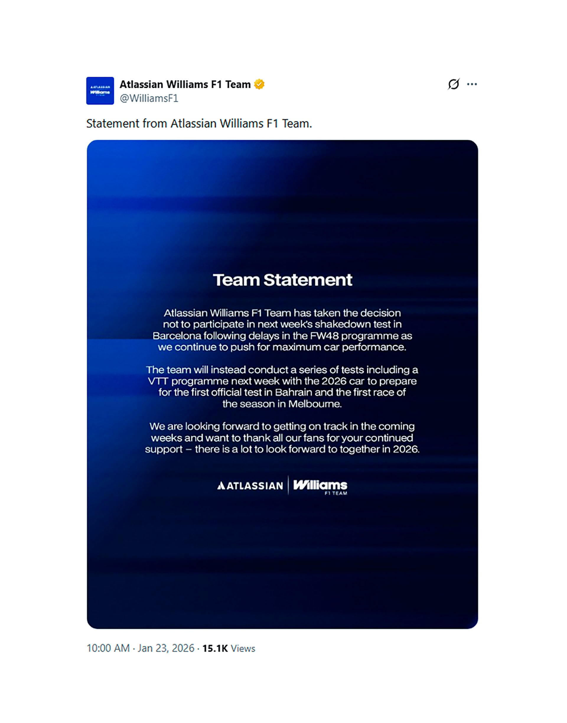 El comunicado que difundió Williams para confirmar su ausencia en las prácticas