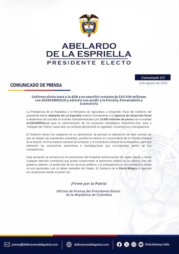 El pronunciamiento fue divulgado por la Oficina de Prensa del presidente electo y el Ministerio de Agricultura del gobierno entrante. - crédito @defensoresco/X