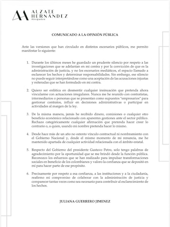 La firma Alzate Hernández, apoderada de Juliana Guerrero, rechazó las denuncias que la vinculan con un presunto esquema de tráfico de influencias para gestionar contratos públicos - crédito @soy_juliana_g/Instagram
