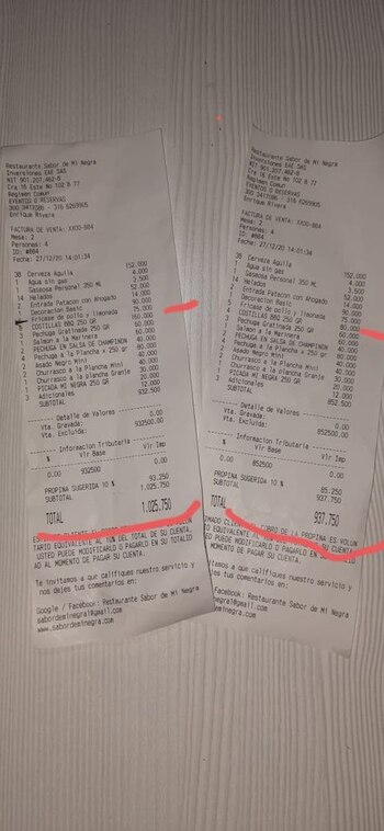 Factura del restaurante en La