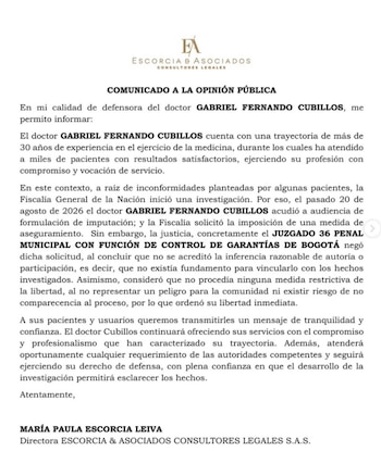 El equipo legal del médico dio un parte de tranquilidad a los pacientes - crédito Escorsia y Asociados/Instagram