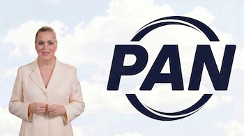Una mujer rubia con traje beige se posiciona a la izquierda, sonriendo, con el logo azul oscuro de PAN y el cielo nublado de fondo a la derecha.