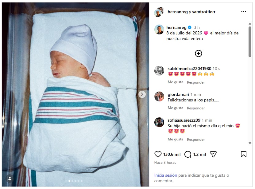 Dalí nació el 8 de julio de 2026 y Samantha Trottier y Hernán Regiardo anunciaron la llegada de su primera hija en redes sociales