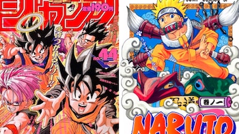 Cubierta de revista japonesa roja con cuatro personajes de Dragon Ball. Cubierta de manga azul con personaje Naruto Uzumaki y dos criaturas aladas