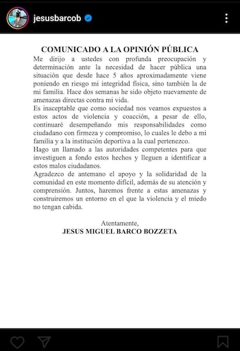 Jesús Barco denuncia que recibe amenazas contra su vida. (Instagram)