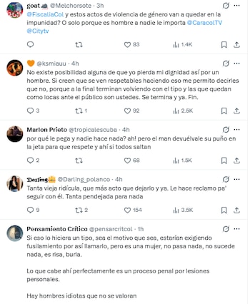 En redes sociales no se hicieron esperar comentarios que cuestionaron el golpe de la mujer - crédito @ColombiaOscura/X