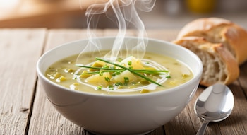 Un tazón blanco de sopa de puerros y papas humeante con crema y cebollino fresco sobre una mesa de madera, con un trozo de pan y una cuchara a un lado.