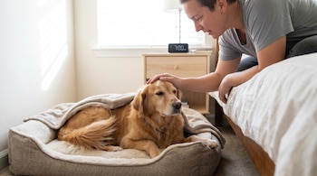 Un hombre de perfil acaricia a un Golden Retriever tumbado en una cama para perros con una manta. Se ve una mesita de noche con un reloj digital.