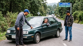 Dos hombres junto a un automóvil verde con un neumático desinflado en una carretera con vegetación y una señalización azul.