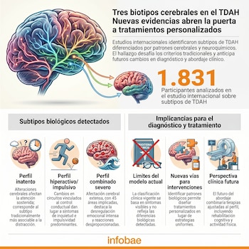 Infografía con ilustraciones de cerebros y vías neurales de colores, detallando tres subtipos biológicos del TDAH, sus implicaciones y futuras perspectivas clínicas.