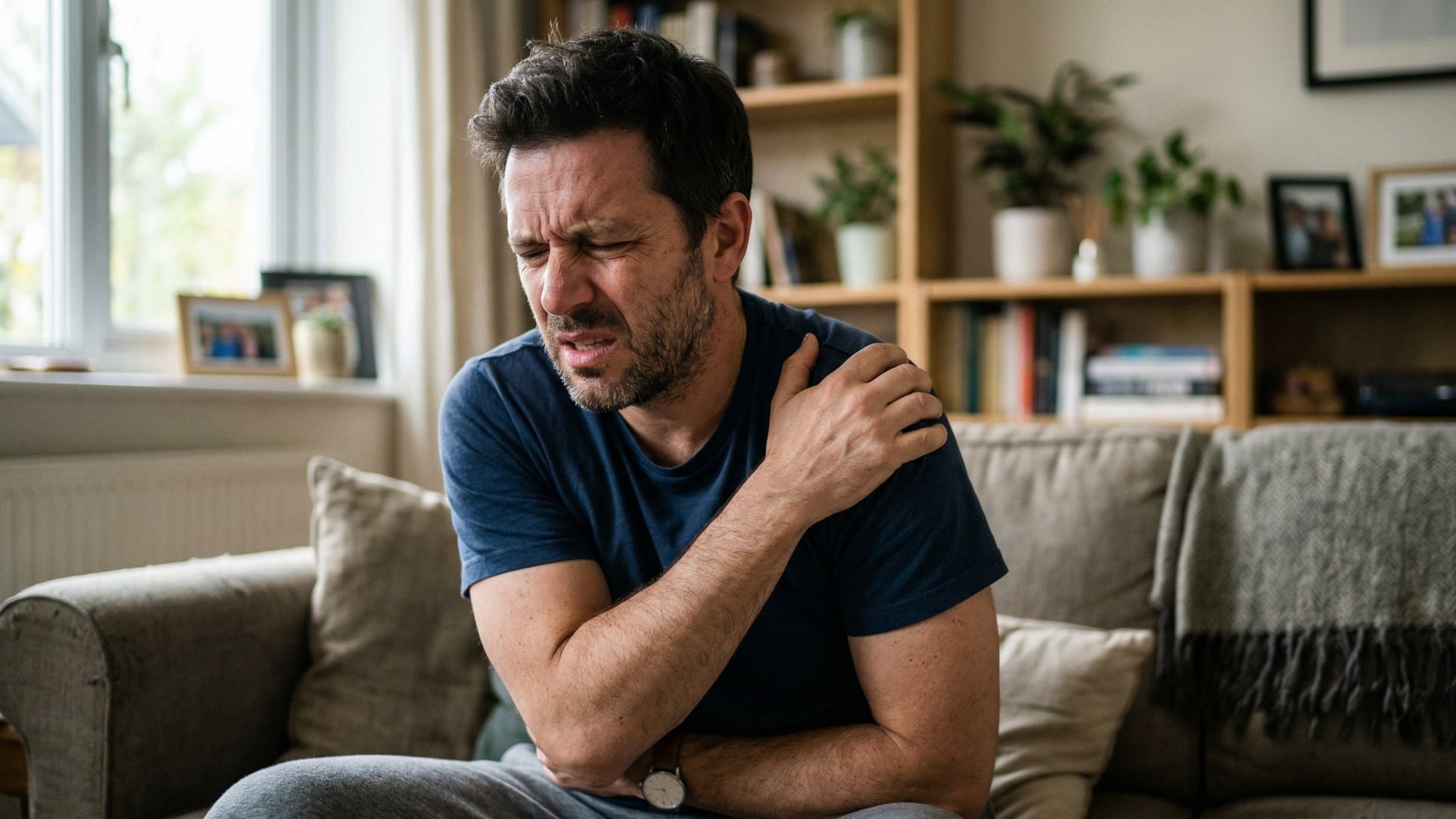 Un hombre frunce el ceño y se agarra el hombro con dolor, mostrando el malestar asociado con un esguince del manguito rotador mientras está sentado en su sofá. (Imagen ilustrativa IA Infobae México)