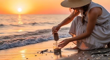 Mujer con sombrero de paja y vestido claro, agachada en la orilla, vierte arena con una pala en un frasco de vidrio al atardecer sobre el mar.