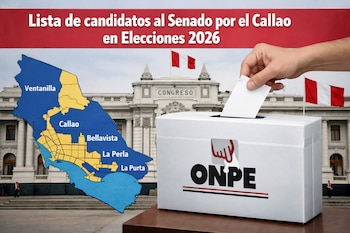 Edificio del Congreso de Perú, mapa de Callao, ánfora de ONPE, mano introduciendo voto, texto "Lista de candidatos al Senado por el Callao en Elecciones 2026", banderas peruanas.