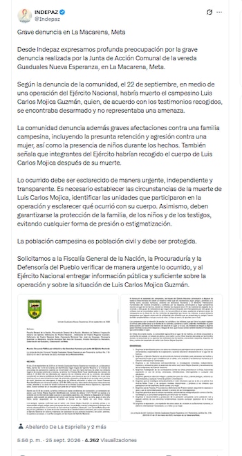 Indepaz pidió que se investigue la muerte del campesino Luis Carlos Mojica - crédito @Indepaz/X