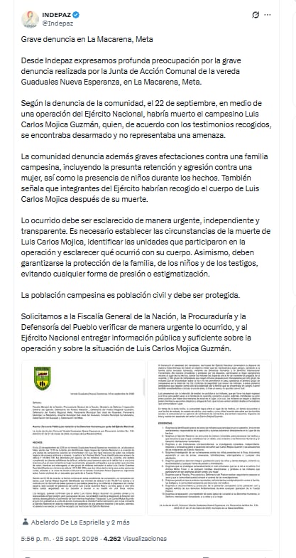 Indepaz pidió que se investigue la muerte del campesino Luis Carlos Mojica - crédito @Indepaz/X