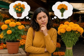 Una mujer entre una maceta y un manojo de cempasúchil, con dos globos de pensamiento que contienen ambas presentaciones florales.