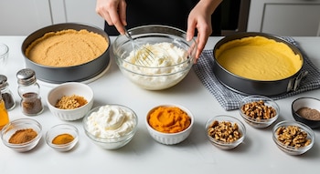 Una persona mezcla queso crema en un bol de vidrio, rodeada de tazones con ingredientes como base de galletas, puré de calabaza y nueces, en una cocina luminosa.