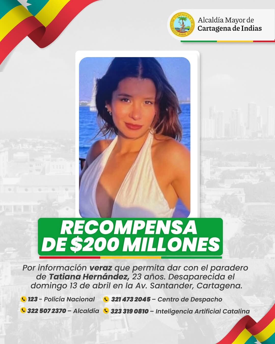 La Alcaldía de Cartagena mantiene activa una recompensa de 200 millones de pesos por información que permita esclarecer el caso - crédito @dumek_turbay/X