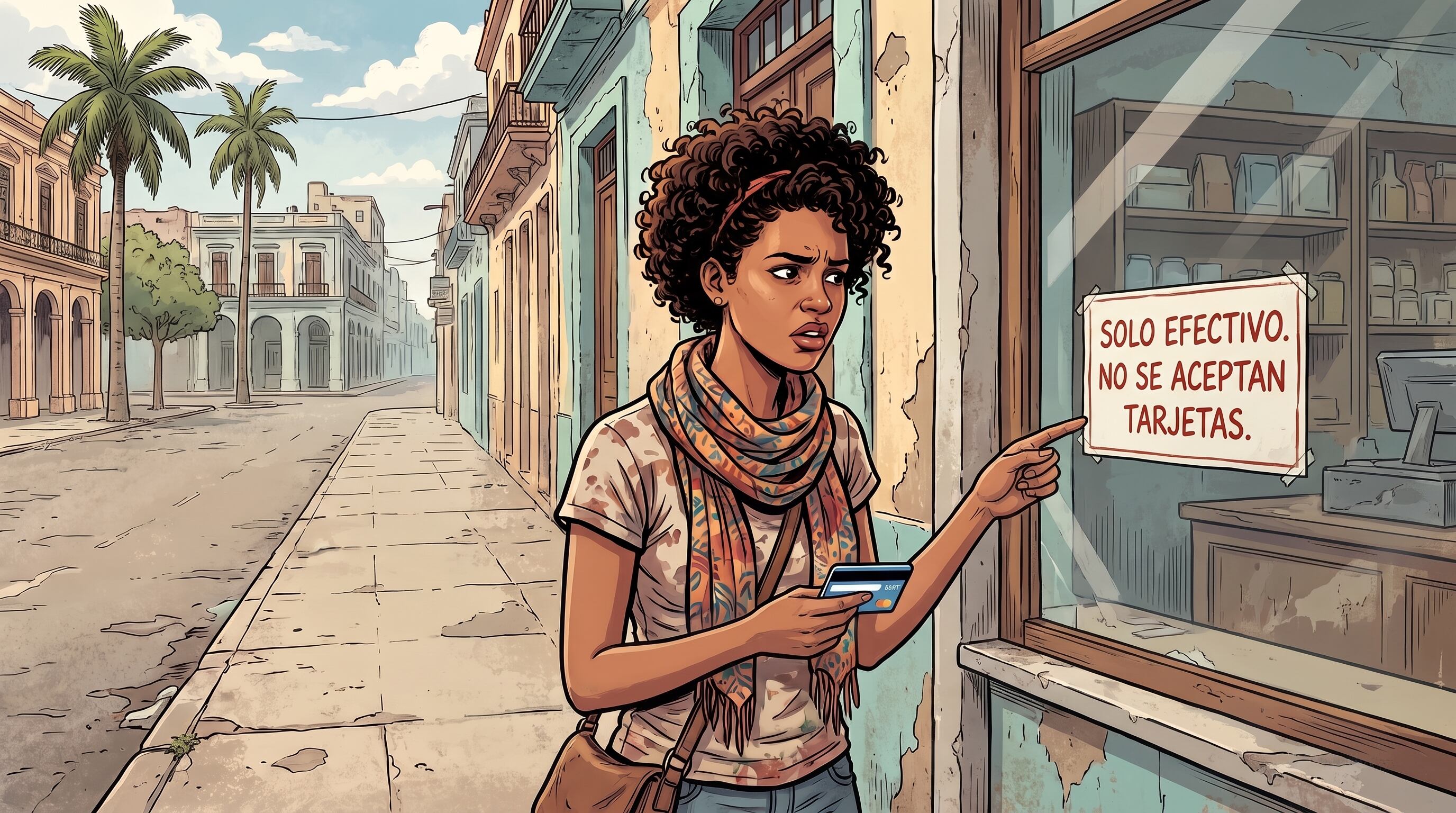 Una mujer intenta pagar con tarjeta bancaria frente a un comercio en Cuba que exhibe un aviso de pago exclusivo en efectivo. (Imagen Ilustrativa Infobae)