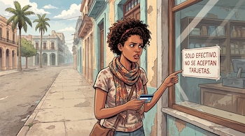 Ilustración de una mujer con una tarjeta bancaria ante un cartel en una ventana que dice Solo efectivo no se aceptan tarjetas.