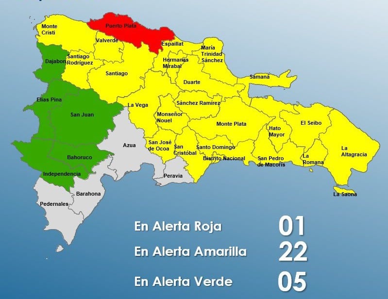 Las autoridades declararon alerta roja en Puerto Plata y alerta amarilla en 22 provincias por una vaguada que afecta gran parte del país./(Indomet)