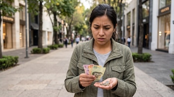 Una mujer sostiene billetes de pesos mexicanos en una mano y monedas en la otra en una calle con árboles y tiendas al fondo.
