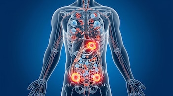 Imagen 3D transparente del torso humano con órganos internos, vasos sanguíneos, células rojas y azules, y áreas de inflamación resaltadas en rojo y naranja.