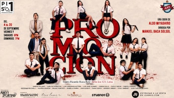 Afiche promocional de la obra Promoción con actores con uniformes escolares alrededor del título en letras rojas gigantes