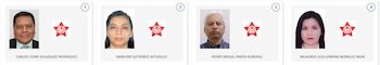 Cuatro fotografías de carné de candidatos, dos hombres y dos mujeres, con sus nombres debajo y el logo del partido APRA (estrella roja) en un fondo blanco