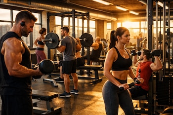 Personas entrenando en un gimnasio. Un hombre musculoso hace curl con mancuernas, una mujer usa una máquina de poleas. La luz del atardecer ilumina la sala.